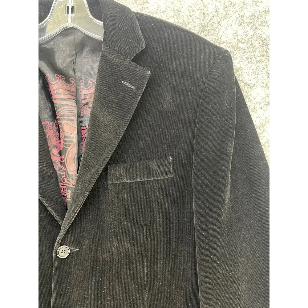 7 Diamonds Blazer Men Large Black Velvet Graphic Lining Sport Coat Jacket Goth